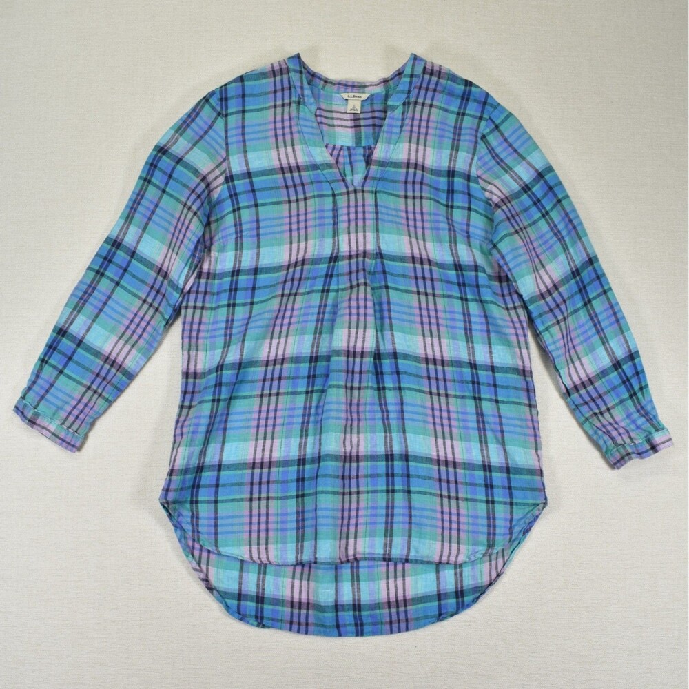 L.L. Bean Small Tunic Top Plaid Linen Cotton Blue Purple V-Neck Split Hem